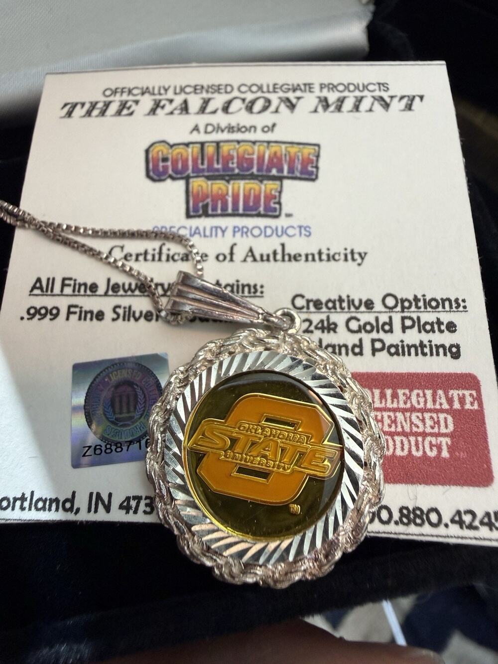 VTG .999 Fine Silver OSU Oklahoma State University Pendant & 925 Sterling Chain
